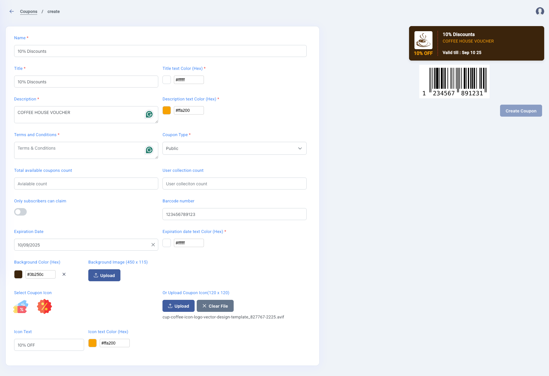 Create coupons screenshot